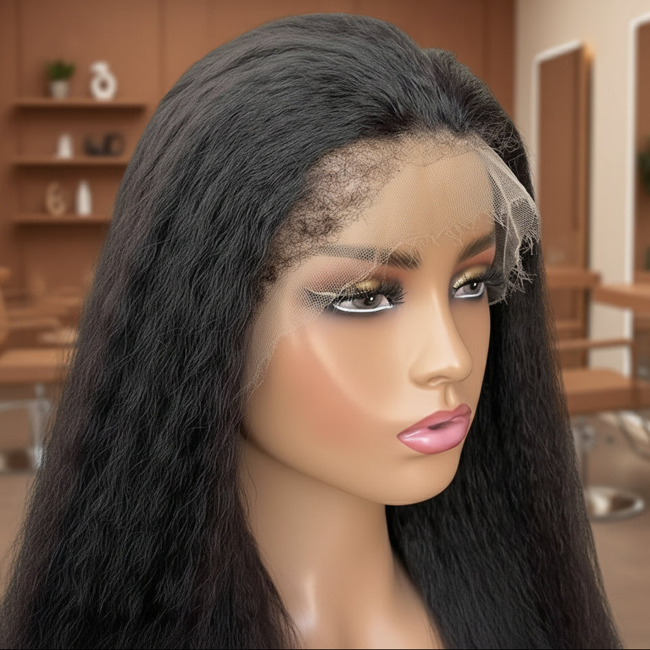 Up close view of mannequin head showcasing NuHaire's 4C Edge Hairline Kinky Straight Lace Front Human Hair Wig, featuring a natural black color, premium human hair, flowing kinky straight texture, a 4C hair texture hairline, and a 13x4 HD Lace Front.