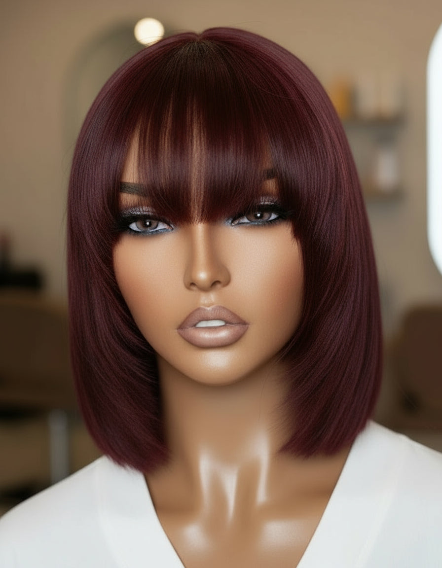 Side view of a mannequin head displaying NuHaire's Burgundy Straight Bob with Bangs, showcasing a flawless Burgundy 99j hair color, premium human hair quality, glueless installation, and silky straight texture.