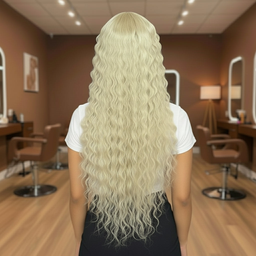Back view of a Model wearing NuHaire #613 Blonde Loose Deep Wave Lace Front Human Hair Wig, showcasing flawless blond color, flowing loose deep waves, premium Human Hair Quality, transparent lace front, and natural hairline.