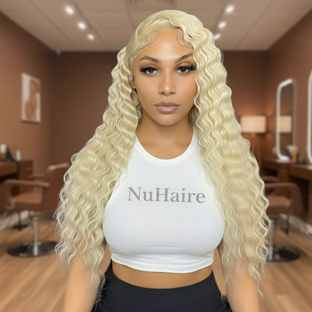 Different Model wearing NuHaire #613 Blonde Loose Deep Wave Lace Front Human Hair Wig, showcasing flawless blond color, flowing loose deep waves, premium Human Hair Quality, transparent lace front, and natural hairline.
