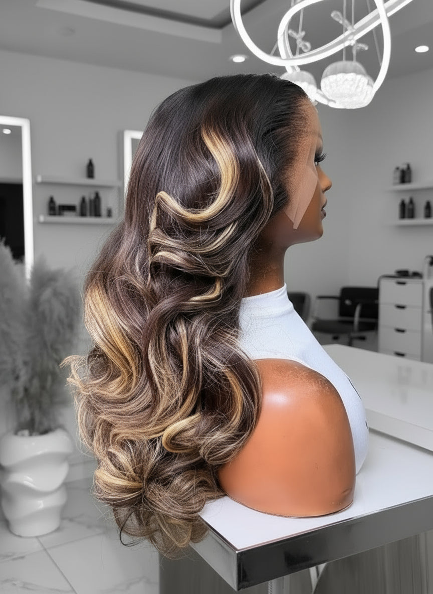 Side view of Mannequin head displaying NuHaire's Light Brown Highlight Body Wave Lace Front Wig. This wig features a dark brown hair color with a light brown highlight, a bouncy body wave texture, premium human hair, and skin-melt 13x4 transparent lace.