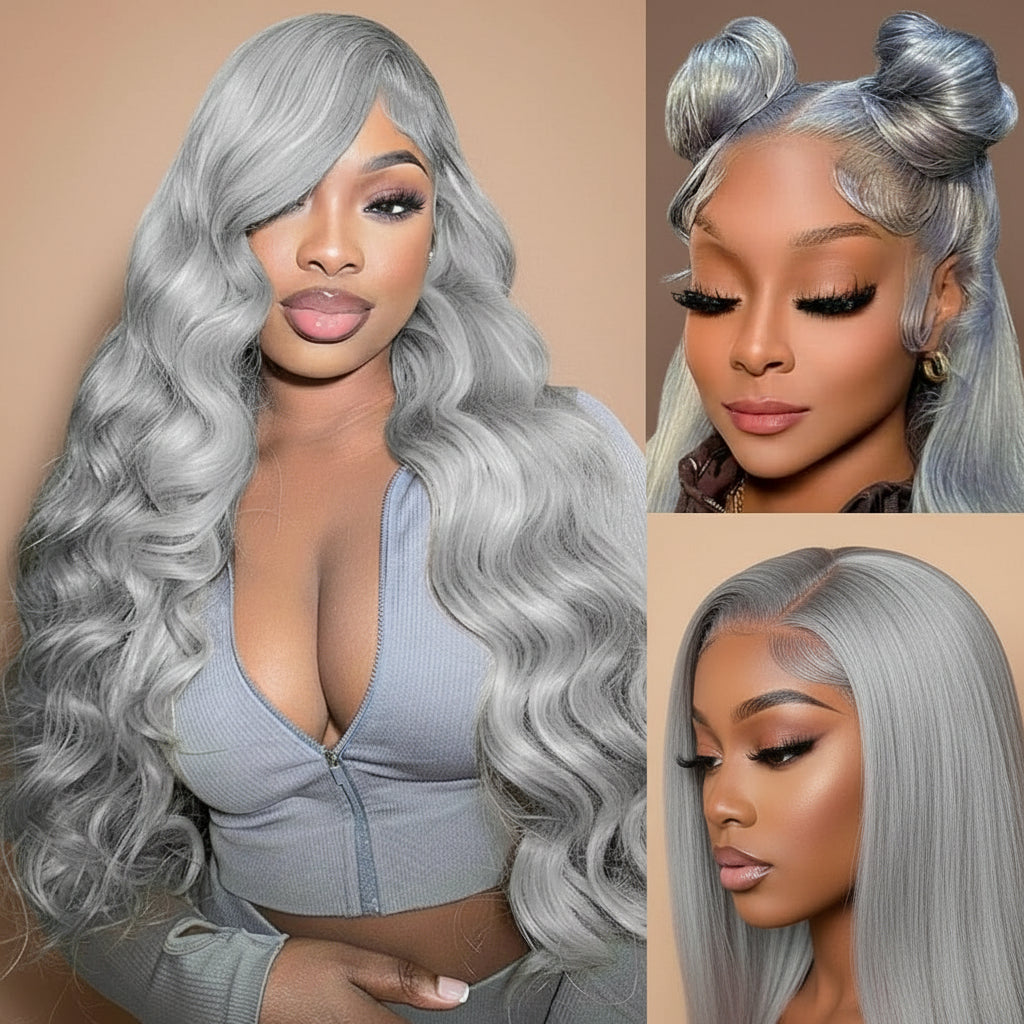 Collage of Model wearing NuHaire Silver Grey Body wave Lace Front Human Hair Wig, showcasing flawless silver grey coloring, flowing body wave volume, premium Human Hair Quality, transparent lace front, styling versatility, and natural hairline.