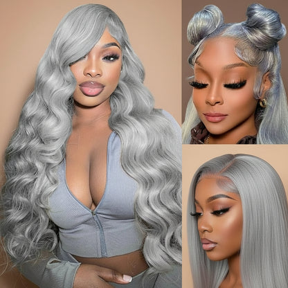 Collage of Model wearing NuHaire Silver Grey Body wave Lace Front Human Hair Wig, showcasing flawless silver grey coloring, flowing body wave volume, premium Human Hair Quality, transparent lace front, styling versatility, and natural hairline.