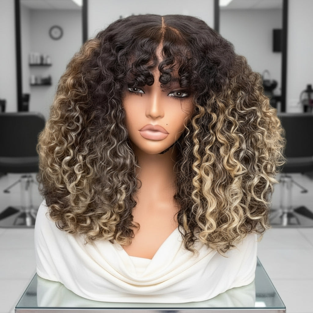Different angle of The mannequin showcases NuHaire's Honey Blonde Balayage Highlight Afro Kinky Curly Wig with Bangs, featuring a dark brown base with honey blonde highlights, a kinky curly texture, made from premium human hair, and designed with a glueless 5x5 lace.
