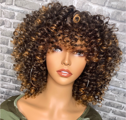 P4/27 Honey Blonde Highlight Bouncy Loose Curl Bob Wig with Bangs