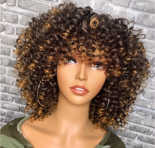 P4/27 Honey Blonde Highlight Bouncy Loose Curl Bob Wig with Bangs