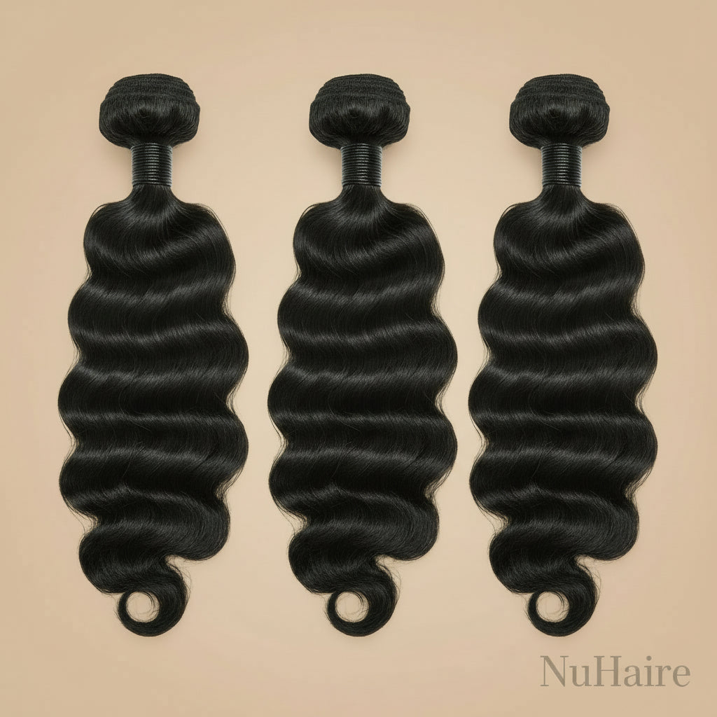 NuHaire's Loose Deep Wave | 1 Piece Human Hair Bundle features a natural black color and premium human hair quality. It is available in Brazilian and Indian hair textures, providing full volume from root to tip with natural  deep waves.