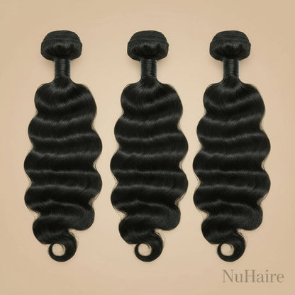 NuHaire's Loose Deep Wave | 1 Piece Human Hair Bundle features a natural black color and premium human hair quality. It is available in Brazilian and Indian hair textures, providing full volume from root to tip with natural  deep waves.