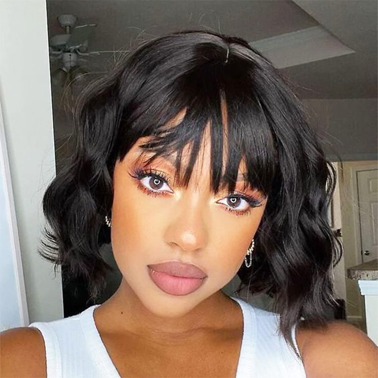 Short and Sassy Loose Wave Bob Wig with Bangs