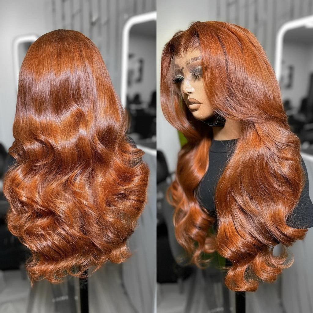 Front and back views of a mannequin head displaying NuHaire's Dark Copper Body Wave HD Lace Wig, which boasts a stunning copper hue, a luxurious and bouncy body wave texture,  premium human hair, and a natural hairline with either a 4x4, 13x4, or 13x6 transparent lace.