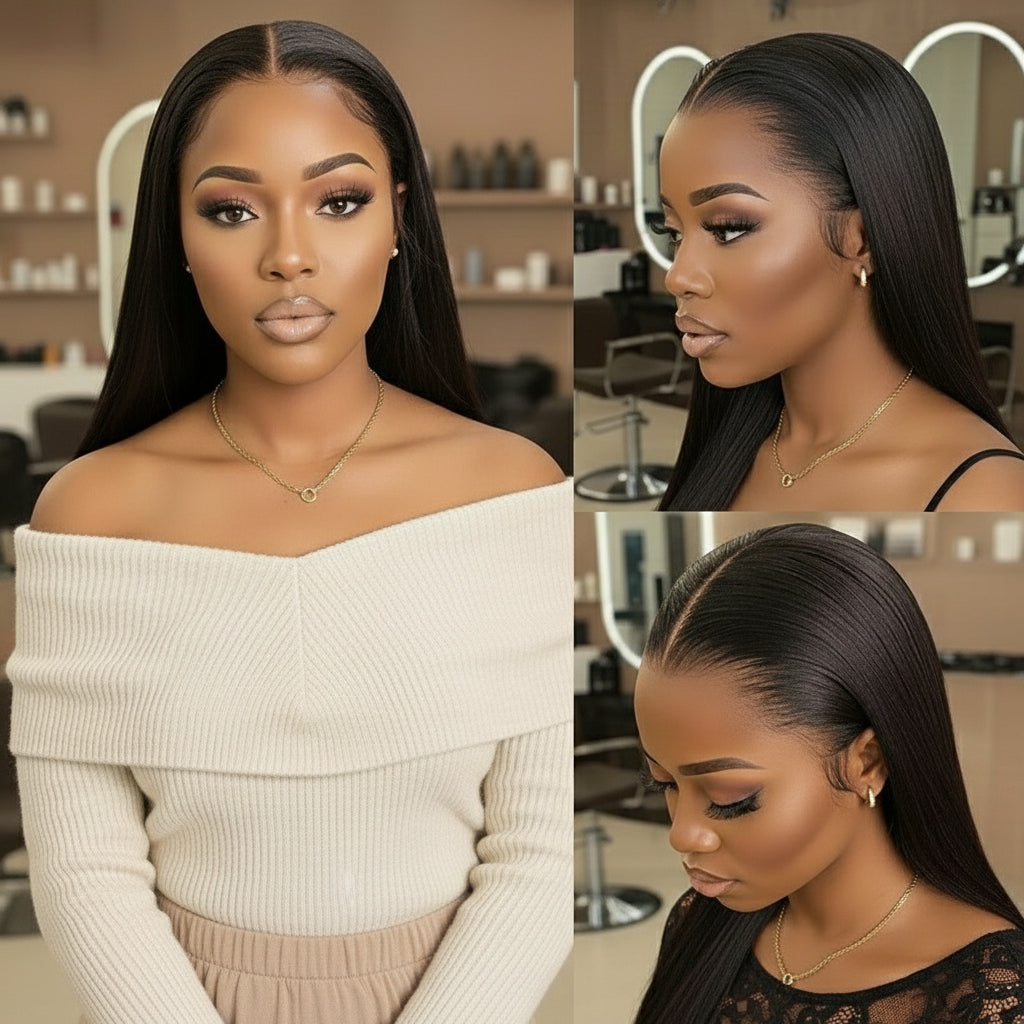 Three views of a Model wearing the NuHaire Full Density 13x4 Straight Lace Front Wig, which features a natural black color, premium human hair quality, and a lace front for a natural-looking hairline.