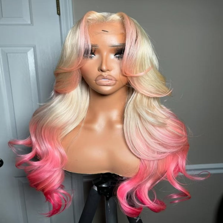 Front view of Mannequin head featuring NuHaire's 5x5 pink peekaboo highlights on a 613 blonde body wave human hair wig, showcasing a flawless color transformation, premium human hair quality, lace closure hairline, and bouncy body waves against a neutral background.