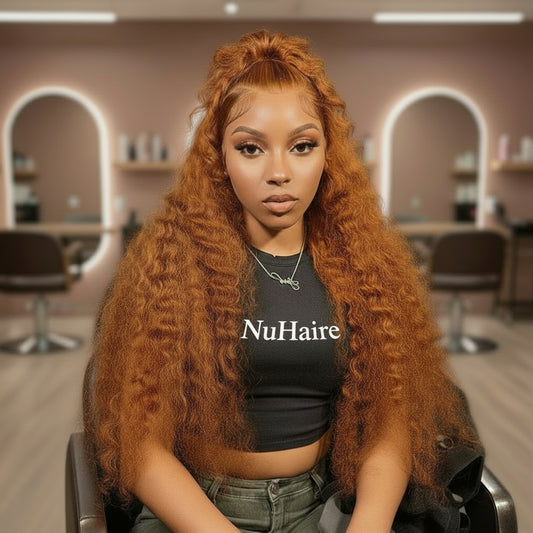 Model is wearing the NuHaireCurly Ginger (350) Transparent Lace Front Human Hair Wig, which showcases bouncy curls, a flawless ginger orange color, premium human hair quality, a 13x4 transparent lace front, styling versatility, and a natural hairline.