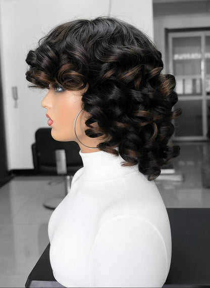 Side image of Mannequin head showcases NuHaire's 1B/30 Auburn Highlight Bouncy Curly Bob Wig with Bangs, featuring a luxurious auburn highlight, bouncy curly texture, glueless install with bangs, and premium human hair.
