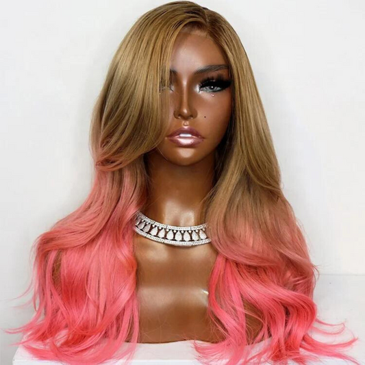 Ombre Honey Brown Pink Wavy Lace Front Human Hair Wig