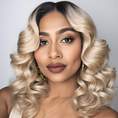 Model wearing 1B/613 blonde ombre bob 13x4 transparent lace front wig with body wave texture showing gradual ombre color transition and human hair bob styling