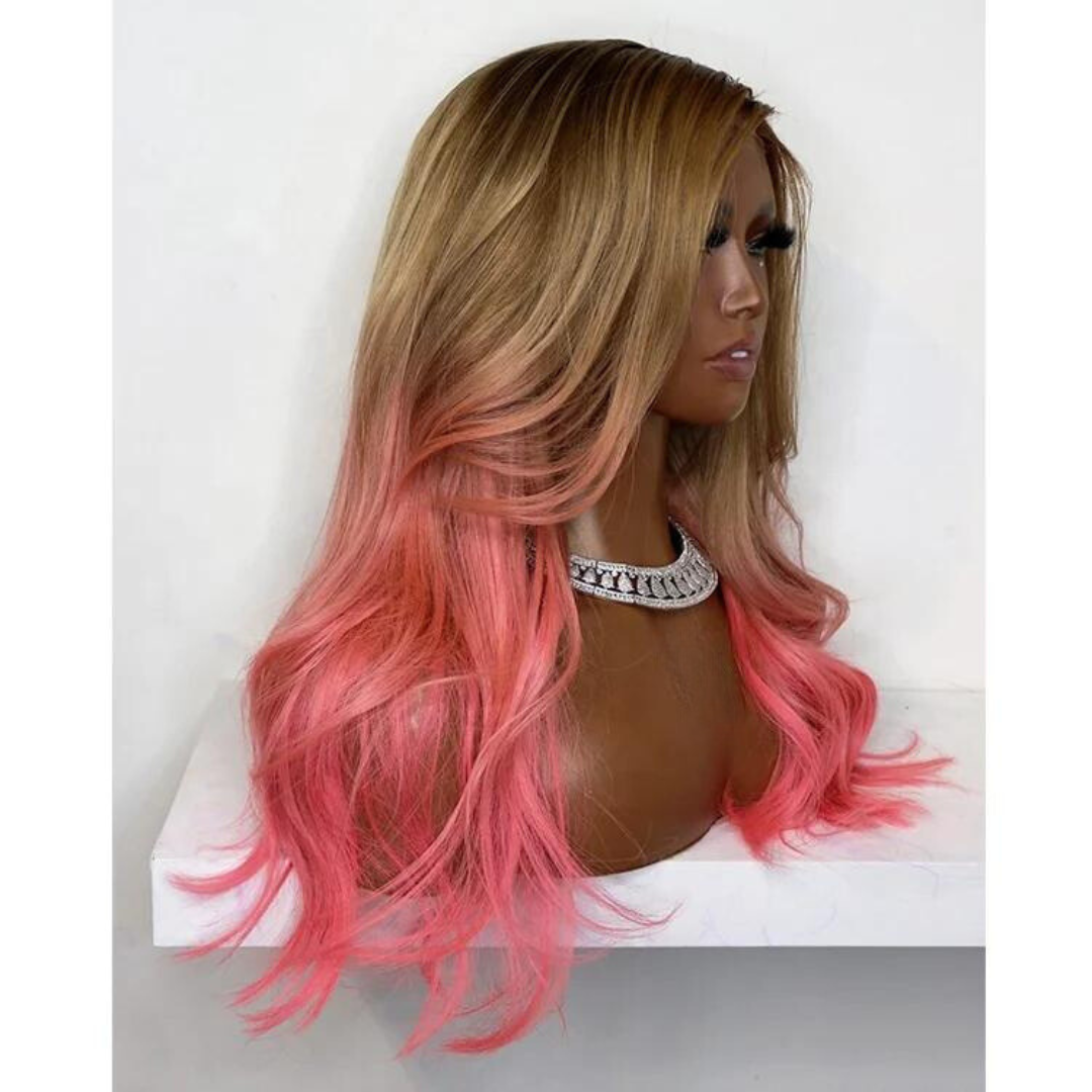 Ombre Honey Brown Pink Wavy Lace Front Human Hair Wig