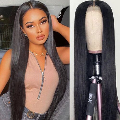Side by side image of 13x4 HD lace front Peruvian straight human hair wig displayed on a model and mannequin showing full 200% density, rich natural black color, Peruvian Straight texture, premium natural hairline, and realistic scalp
