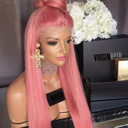 Up close image of a mannequin wearing a NuHaire rose pink silky straight 13x4 lace front human hair wig, showcasing a natural hairline, long length, and premium hair quality