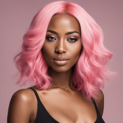 A person wearing a NuHaire silky straight 13x4 lace front wig, showcasing a natural hairline, parting versatility, and rose petal pink beach waves styling options with premium hair quality.