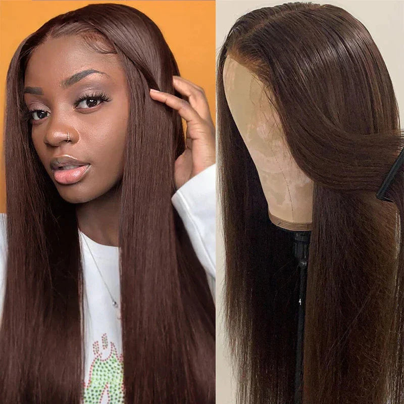 Dark Brown Bone Straight Double Drawn Lace Closure Human Hair Wig