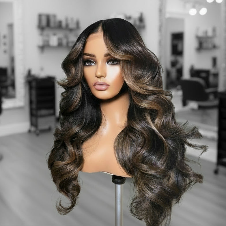 Different angle of Mannequin head featuring a NuHaire Chestnut Brown Highlight Body Wave Human Hair Wig, showcasing rich chestnut brown highlights and a flowing body wave texture, complete with a thin 13x4 transparent lace.