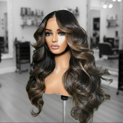 Different angle of Mannequin head featuring a NuHaire Chestnut Brown Highlight Body Wave Human Hair Wig, showcasing rich chestnut brown highlights and a flowing body wave texture, complete with a thin 13x4 transparent lace.