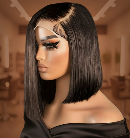 Side view of a Mannequin head displaying a NuHaire Short Straight Angled Bob Wig features a natural black color, premium human hair quality, HD transparent lace front, silky straight texture, and a natural hairline.