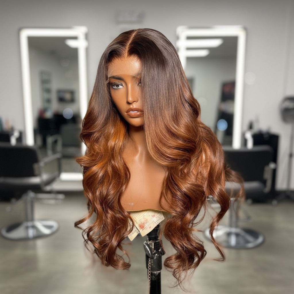 Mannequin head featuring a NuHaire Ombre Honey Brown Loose Wave 13x4 Lace Front Human Hair Wig, showcasing rich honey brown ombre, styling versatility, flowing wave texture, and skin melt thin 13x4 transparent lace.