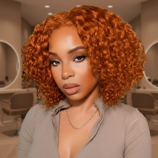 A model wearing NuHaire's Ginger Curly Bob, showcasing a flawless ginger #350 hair color, premium human hair quality, 13x4 lace front, natural hairline, and bouncy curly texture.