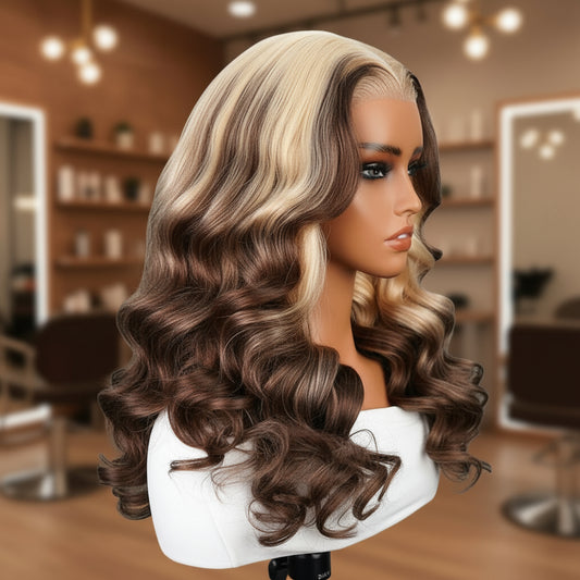 Glueless reverse honey blonde ombre wig front view showcasing dimensional color blend and loose body waves