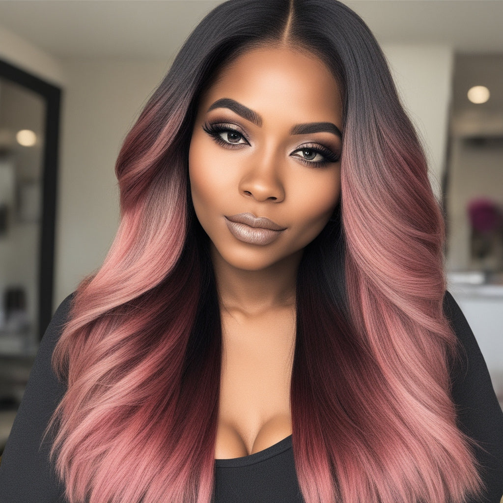 Ombre Rose Pink Straight Lace Front Human Hair Wig