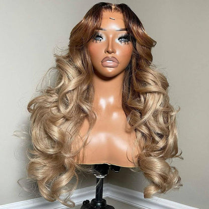 Different Angle of A mannequin displays NuHaire's Rooted Ash Blonde Balayage| 13x4 Body Wave, featuring a dark root that transitions to ash blonde highlights. This high-quality human hair wig offers a full 250% density, body wave texture, 13x4 lace front, and a transparent lace for a natural hairline
