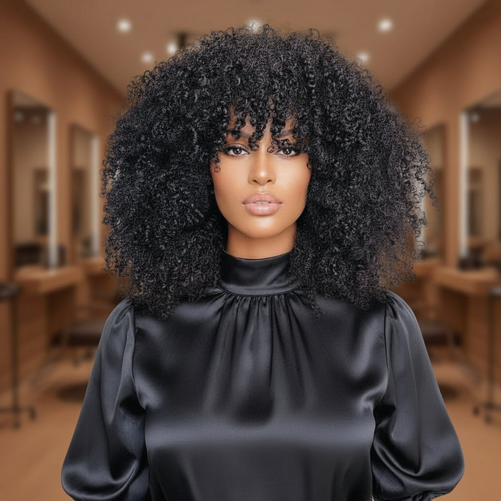A Model showcasing the NuHaire 12A Grade Glueless Machine Made Afro Kinky Curly Wig with Bang, featuring a natural black color, premium high quality grade human hair, glueless installation, kinky curly texture, and bangs.