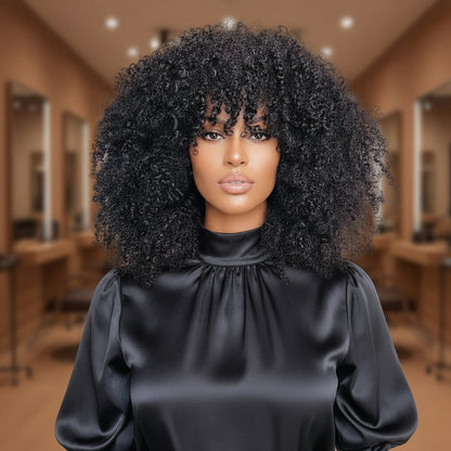A Model showcasing the NuHaire 12A Grade Glueless Machine Made Afro Kinky Curly Wig with Bang, featuring a natural black color, premium high quality grade human hair, glueless installation, kinky curly texture, and bangs.