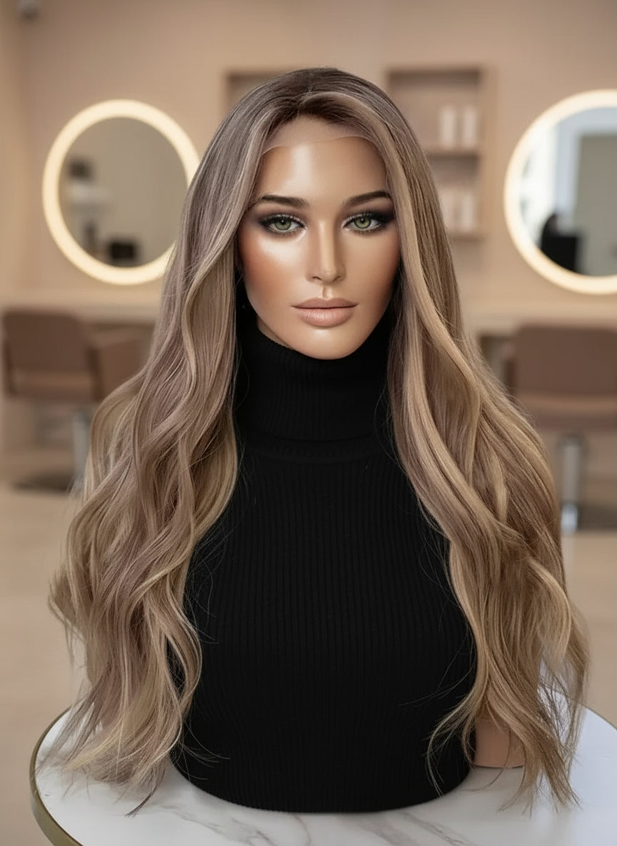 Front view of Mannequin head with NuHaire Golden Blonde Balayage Highlight Wig, showcasing dark blonde waves, flawless golden blonde balayage highlight, premium European Human Hair Quality, 13x4 transparent lace front, and natural hairline.