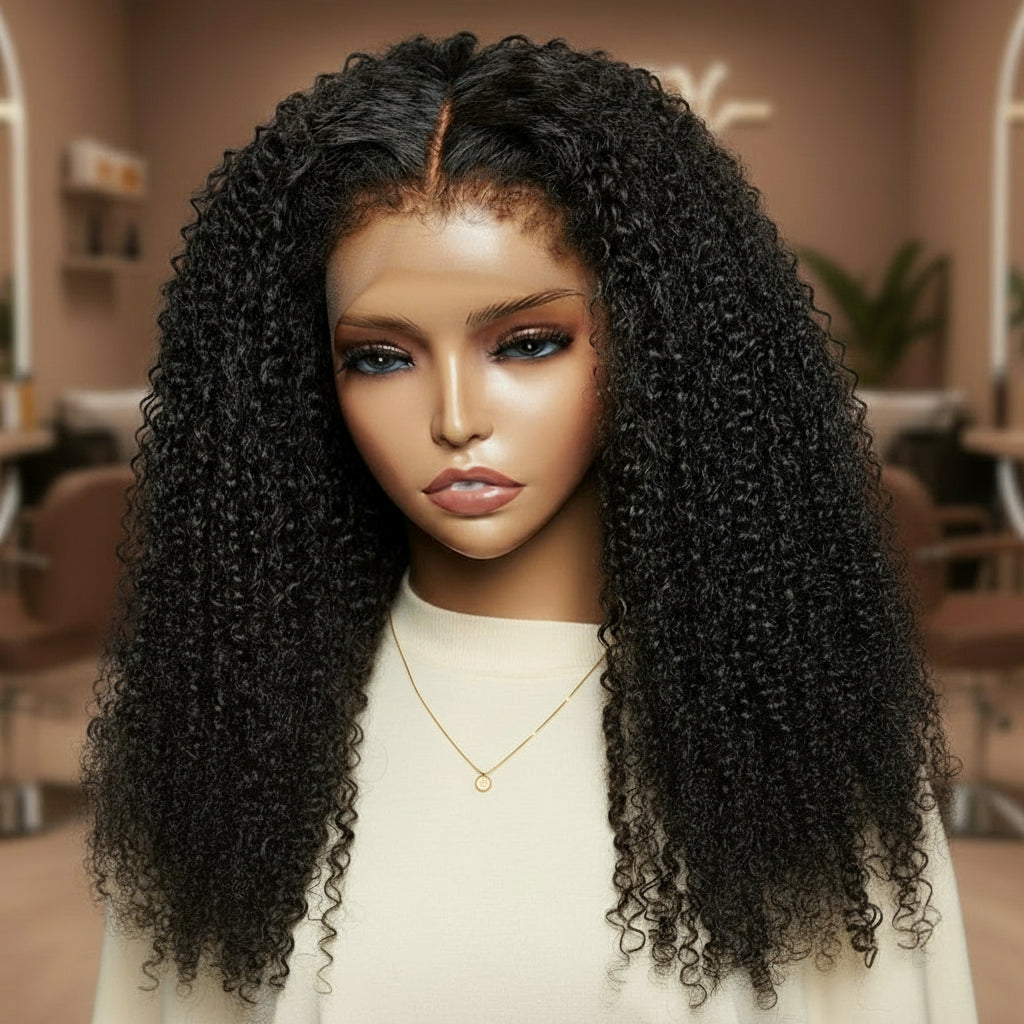 Front view of a mannequin head displaying NuHaire's 4C Hairline Kinky Curly Lace Front Human Hair Wig, featuring a natural black color and flowing kinky curly texture, with a 4C hair texture hairline made of premium human hair.