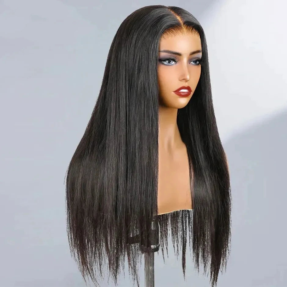A mannequin head showcases NuHaire's 6x4 Silky Straight Wig, emphasizing its natural and seamless HD hairline, easy installation—ideal for beginners—premium quality human hair, and consistent fullness from root to tip.