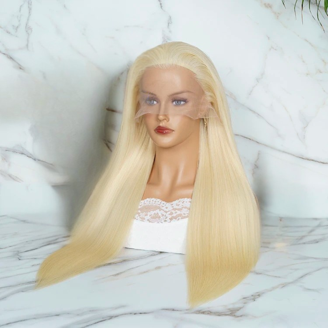 Side view of #60 white blonde straight wig displaying sophisticated contrast and natural movement