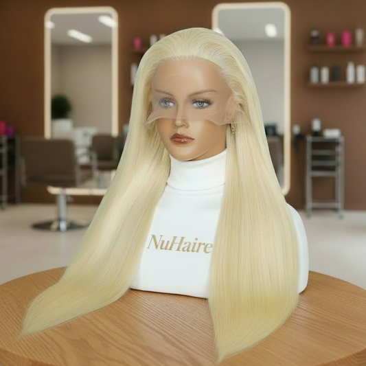 Side view of #60 white blonde straight wig displaying sophisticated contrast and natural movement