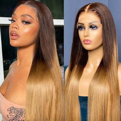 Honey Blonde Ombre Straight 13x4 Wig on model and mannequin head showcasing #4/27 gradual color transition