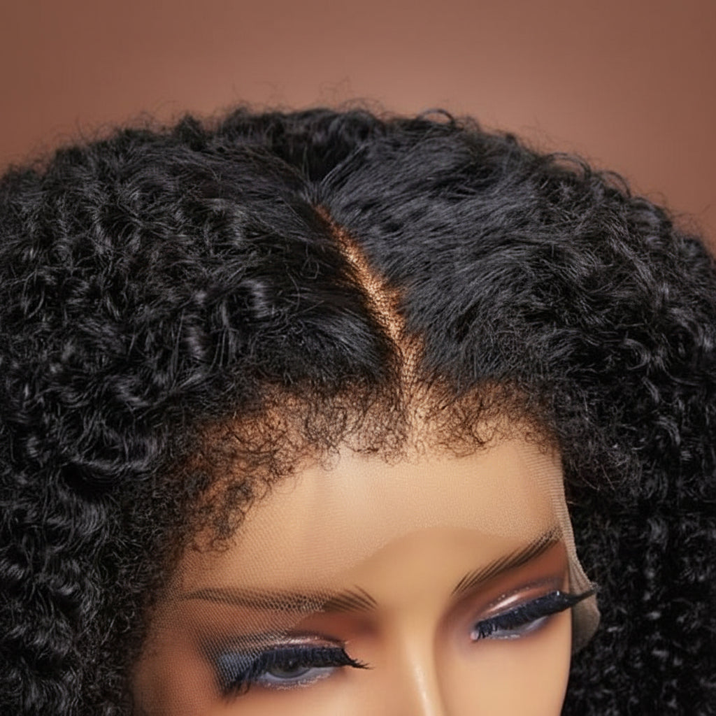 Close up of mannequin displaying NuHaire's 4C Hairline Kinky Curly Lace Front Human Hair Wig, featuring a natural black color and flowing kinky curly texture, with a 4C hair texture hairline made of premium human hair.