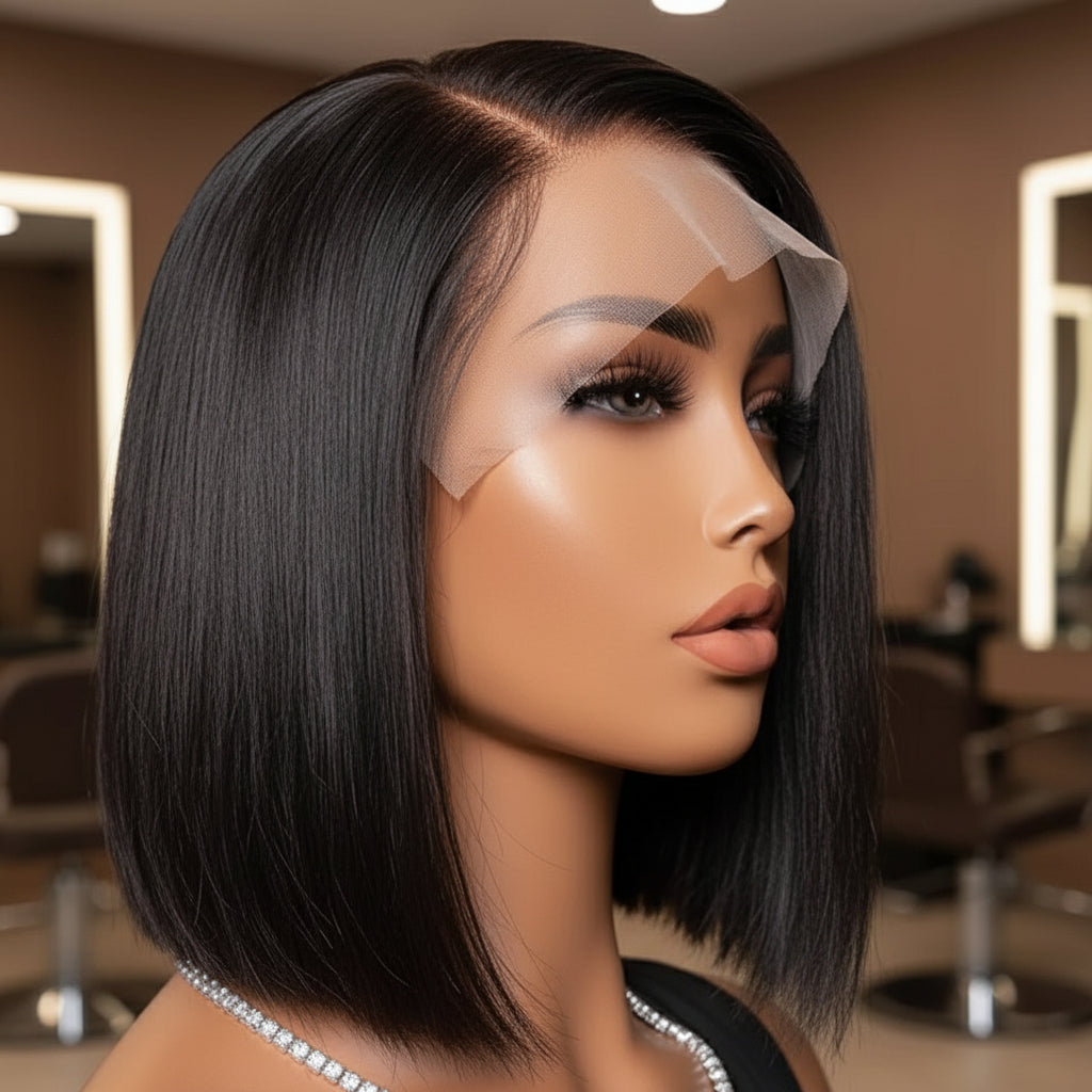 Side angle of a mannequin head showcasing the NuHaire Straight Blunt Cut Lace Front Bob Wig, featuring a natural black color, premium human hair quality, a 13x4 transparent lace front, silky straight texture, double-drawn ends, and a natural hairline.