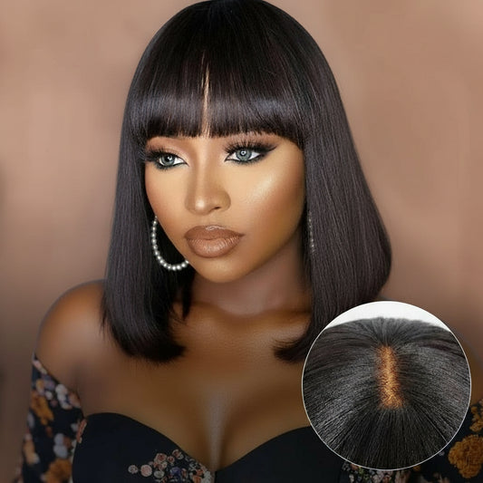 Model showcasing the NuHaire Yaki Straight Human Hair Bob with Bangs, featuring a natural black color, premium quality human hair, glueless installation, light yaki straight texture, double-drawn ends, and bangs.
