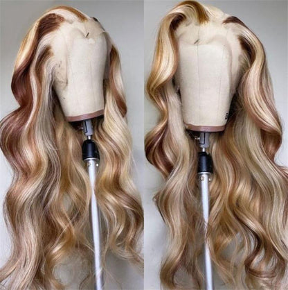 Side by side trio blonde highlight wig display showing dimensional color variation and body wave texture