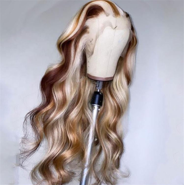Trio blonde dimensional wig from different angle displaying highlight placement and natural movement