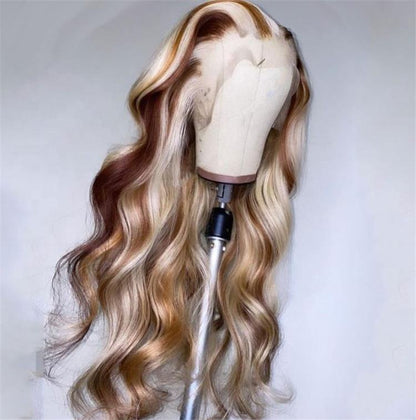 Trio blonde dimensional wig from different angle displaying highlight placement and natural movement
