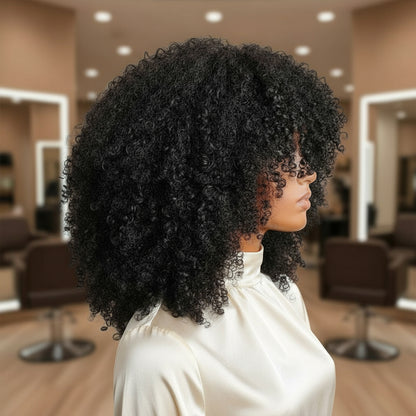 Side view of a Mannequin head showcasing the NuHaire 12A Grade Glueless Machine Made Afro Kinky Curly Wig with Bang, featuring a natural black color, premium high quality grade human hair, glueless installation, kinky curly texture, and bangs.