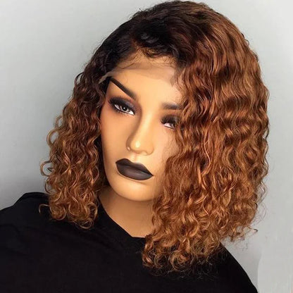1B/30 auburn ombre 4x4/13x4 HD curly bob wig displayed on mannequin head showing 30 auburn color blend and curly bob texture