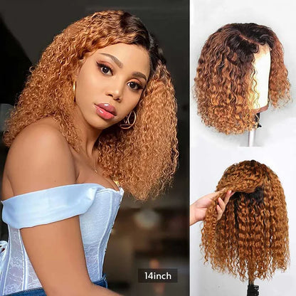 Two-part image - model wearing 1B/30 auburn ombre 14-inch curly bob wig on left side and side/back view of 4x4/13x4 HD lace wig on right showing gradual ombre color transition